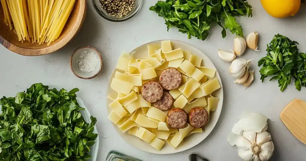 Paccheri Pasta with Sausage & Greens preparation