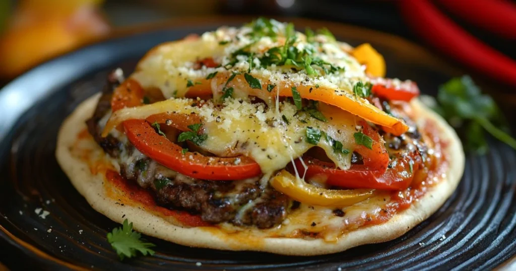 pizza burger ground beef sauted peppers